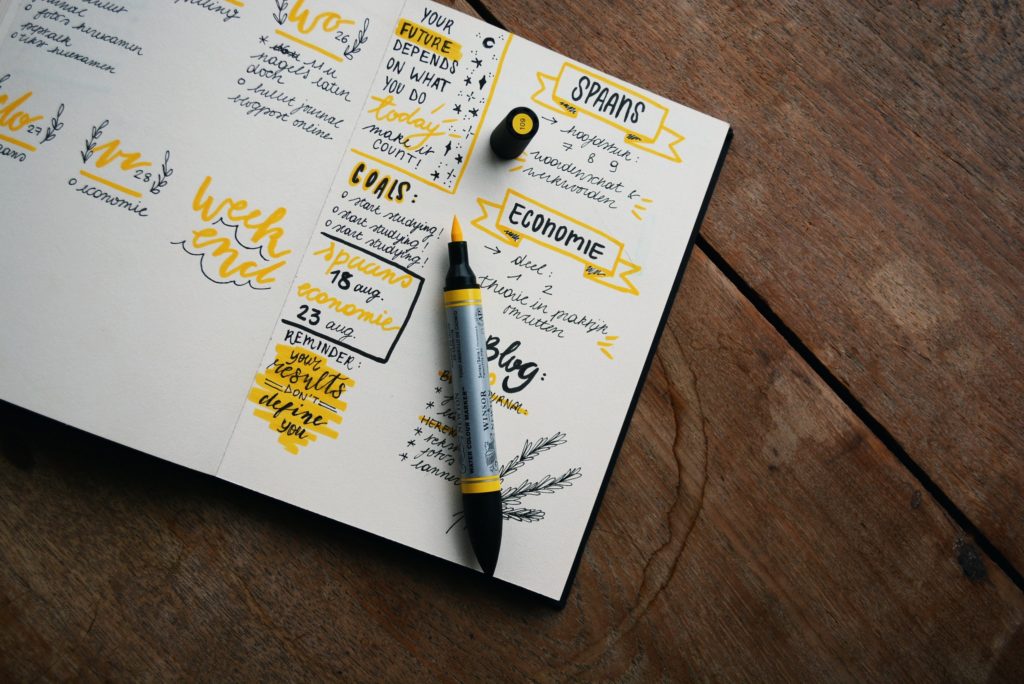 A journal with writing in it in yellow and black.